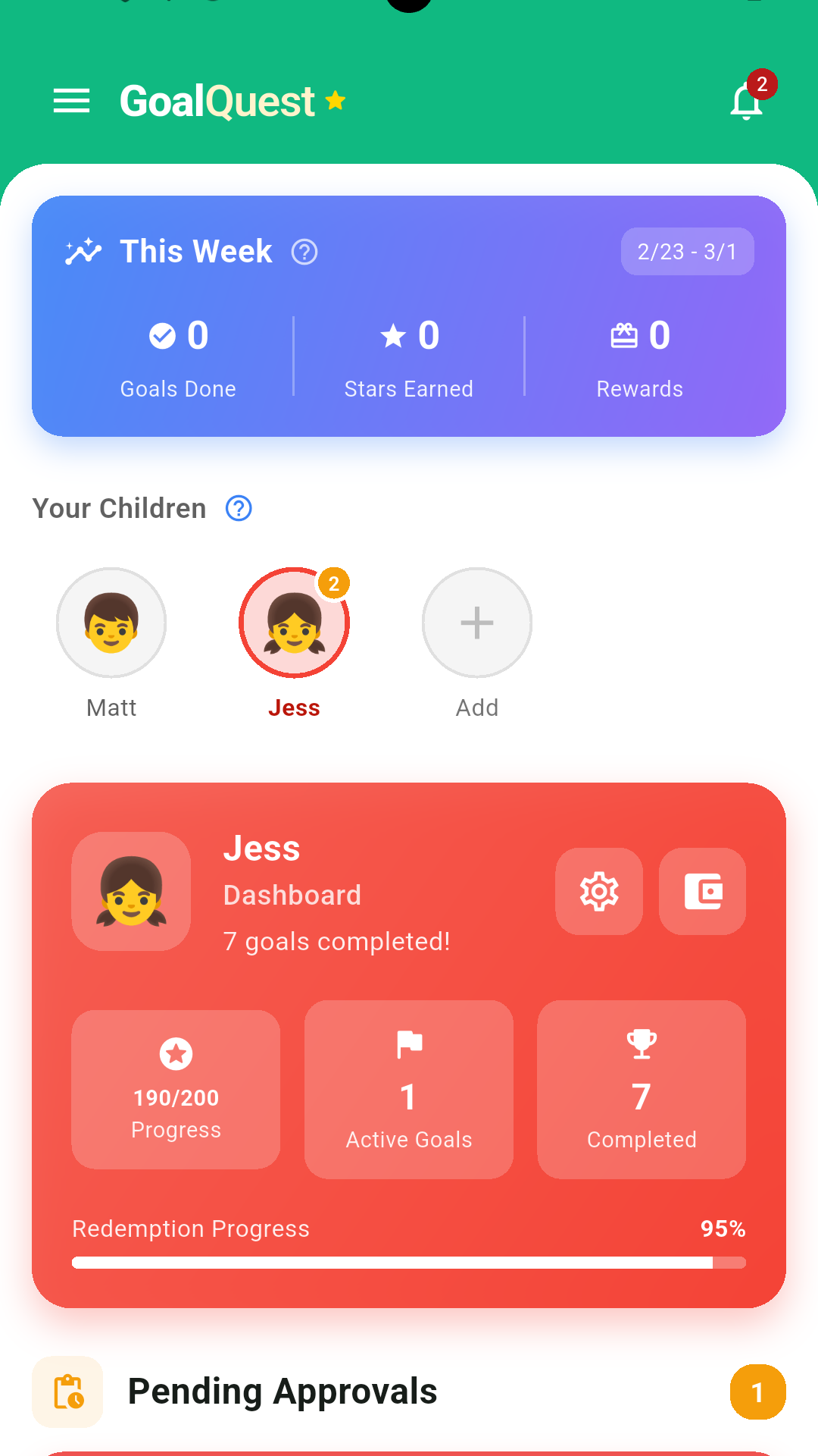 GoalQuest parent dashboard screenshot